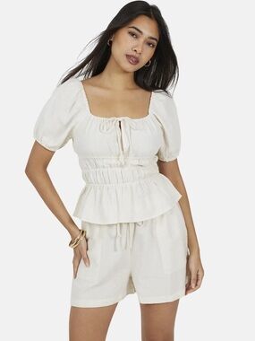 Kensie Linen Bland Cream Peasant Blouse with Smocked Waist (NWOT)